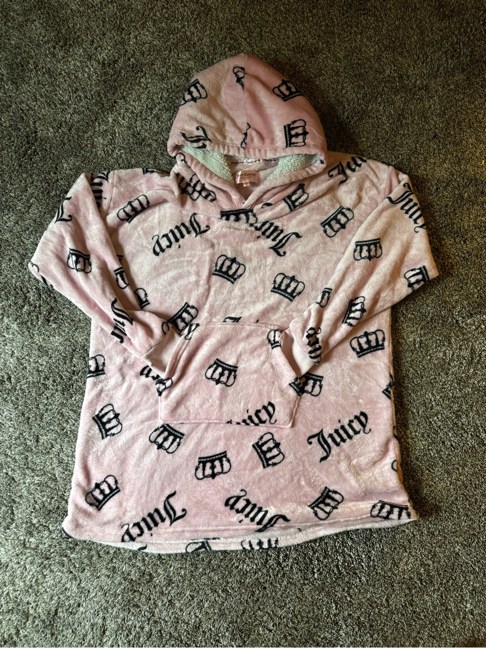 Juicy Couture Pink Hooded Plush Kids Lounge Pullover with Crown Print